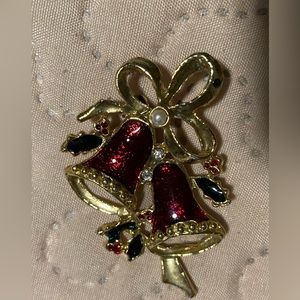 Vintage Enamel Christmas Bells Faux Pearls Holly Brooch Pin Gold Tone 2 Inches